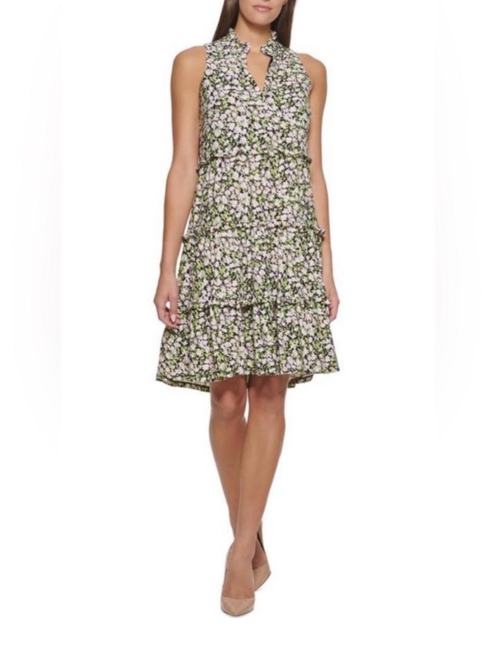 Tommy Hilfiger Green and Pink Floral Sleeveless Tiered Dress